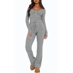 Long Sleeve Crop Top Flare Pants Lounge Set Women's 2 Piece Comfort